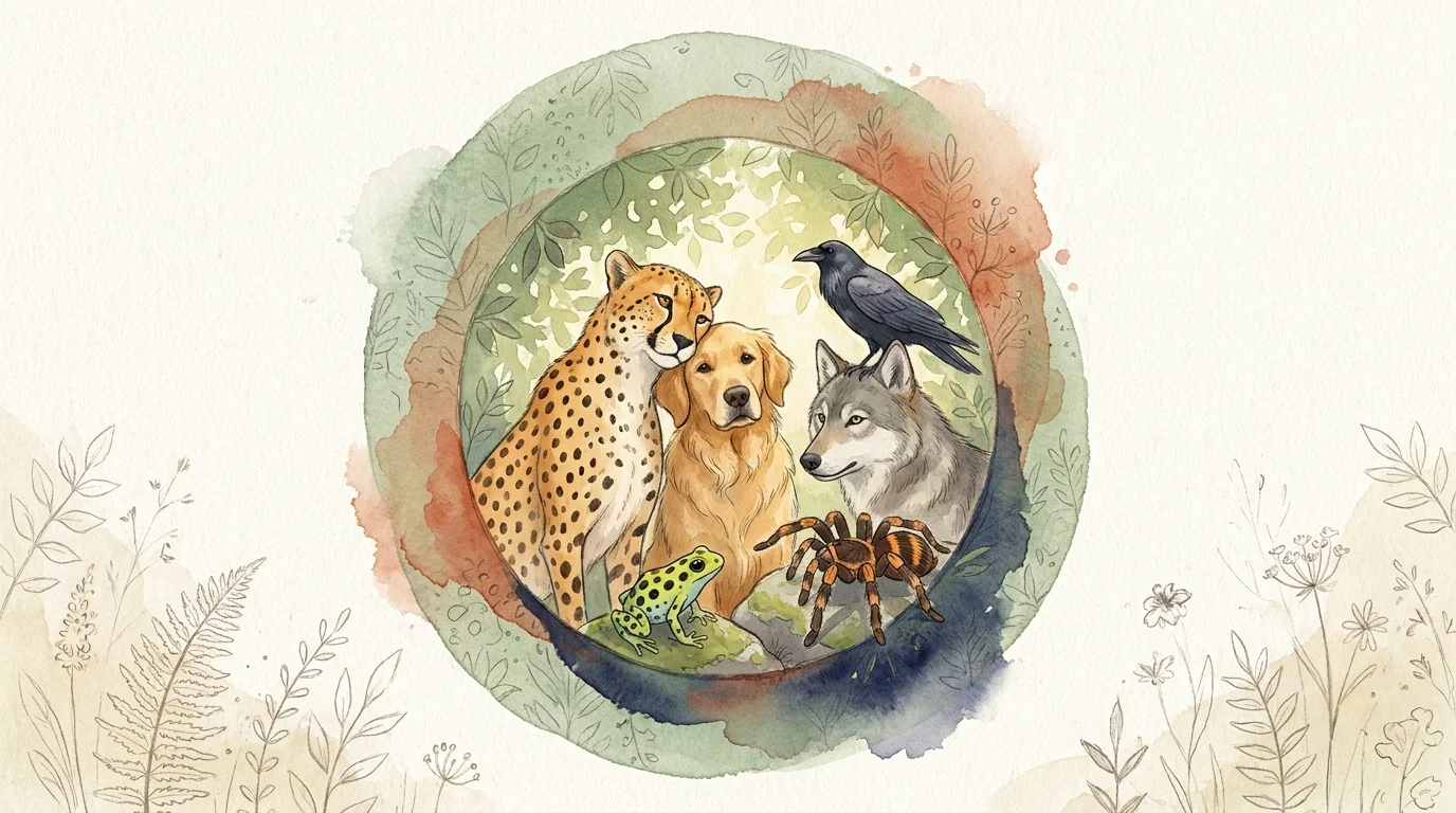 A whimsical watercolor illustration of various animal pairs like a cheetah and a dog or a wolf and a raven, interacting peacefully.