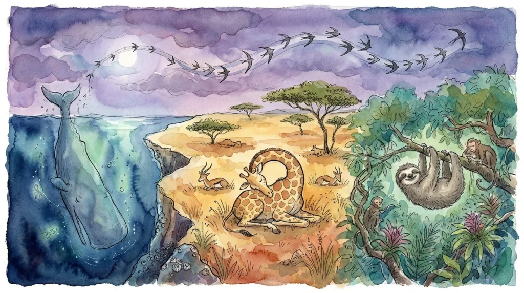 A whimsical watercolor illustration showing a whale, giraffe, sloth, and swifts all sleeping in their unique natural habitats.