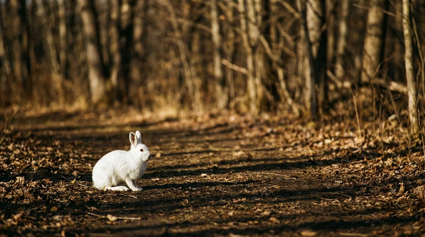 A white snowshoe hare sitting on brown ground without snow, illustrating the impact of climate change.