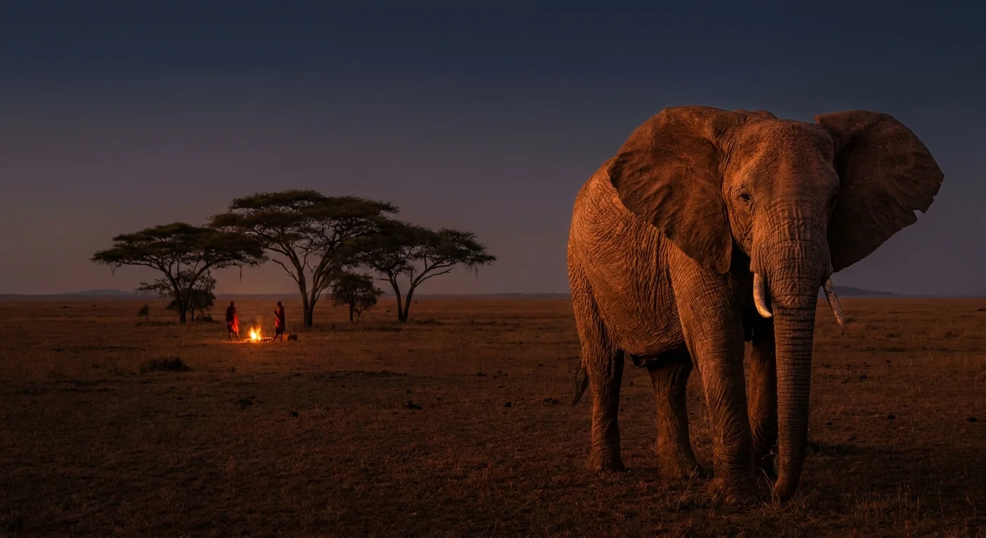 A wide-angle photograph of an elephant listening intently to distant human voices in the savannah at sunset.