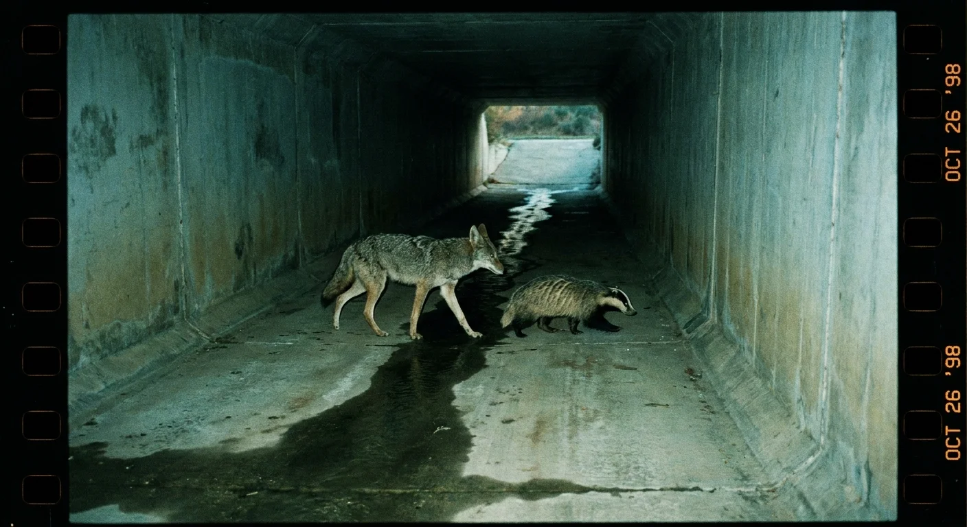 A wild coyote and a badger walking side-by-side through a concrete tunnel at dusk.
