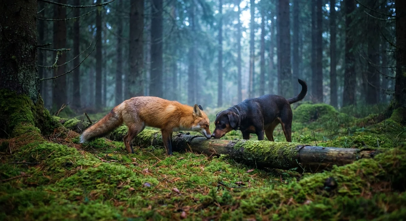 A wild red fox and a dark-haired domestic dog investigating a mossy log together in a misty forest.