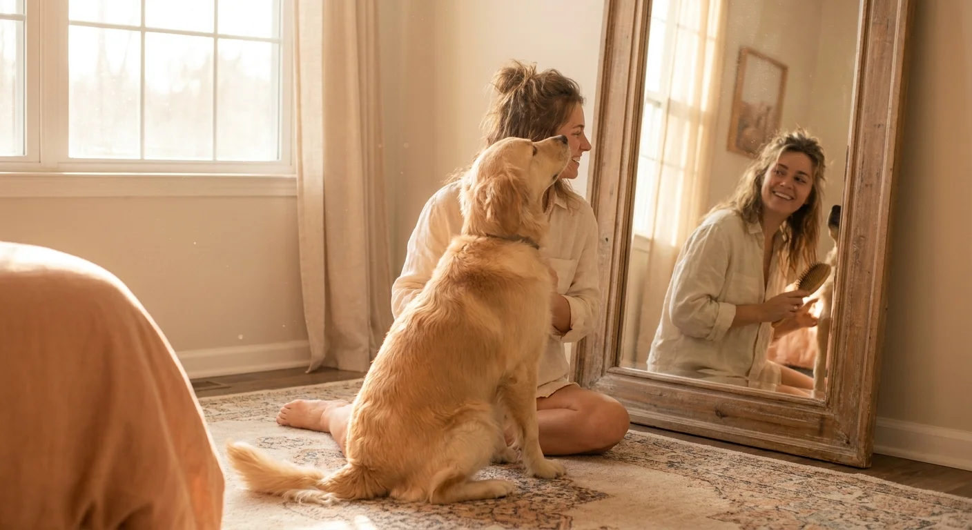 A woman looking in a mirror while her dog looks at her with love.