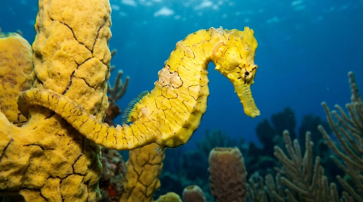 A yellow Lined Seahorse camouflaged against a bright yellow sea sponge underwater.