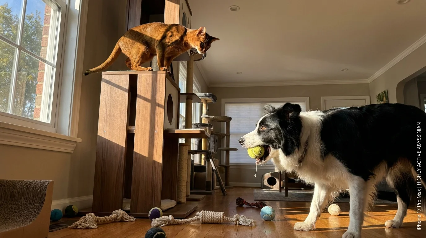 An Abyssinian cat on a high perch looking down at a dog with a toy ball.