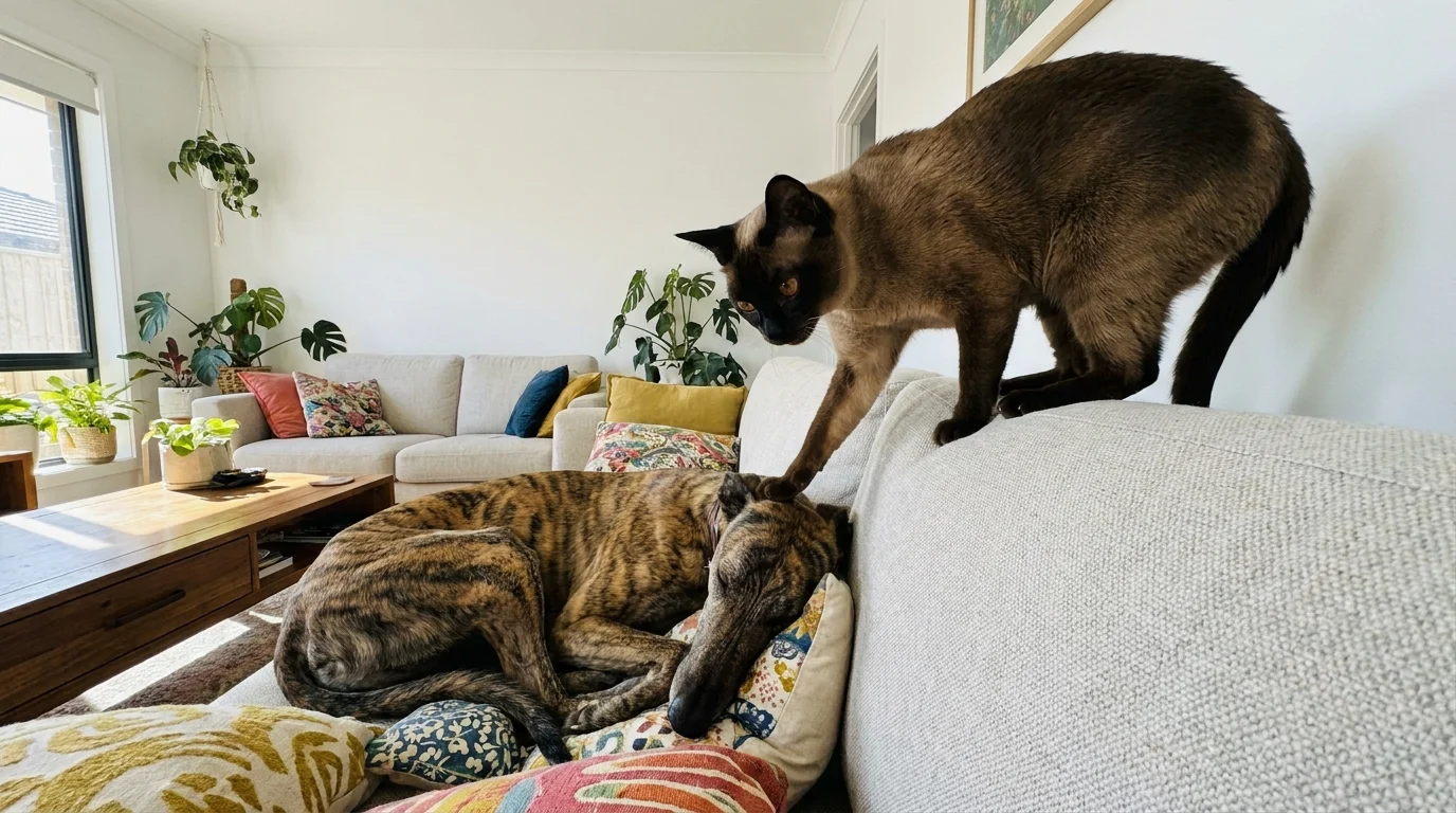 An active Tonkinese cat reaching down from a sofa to tap a sleeping Greyhound dog.