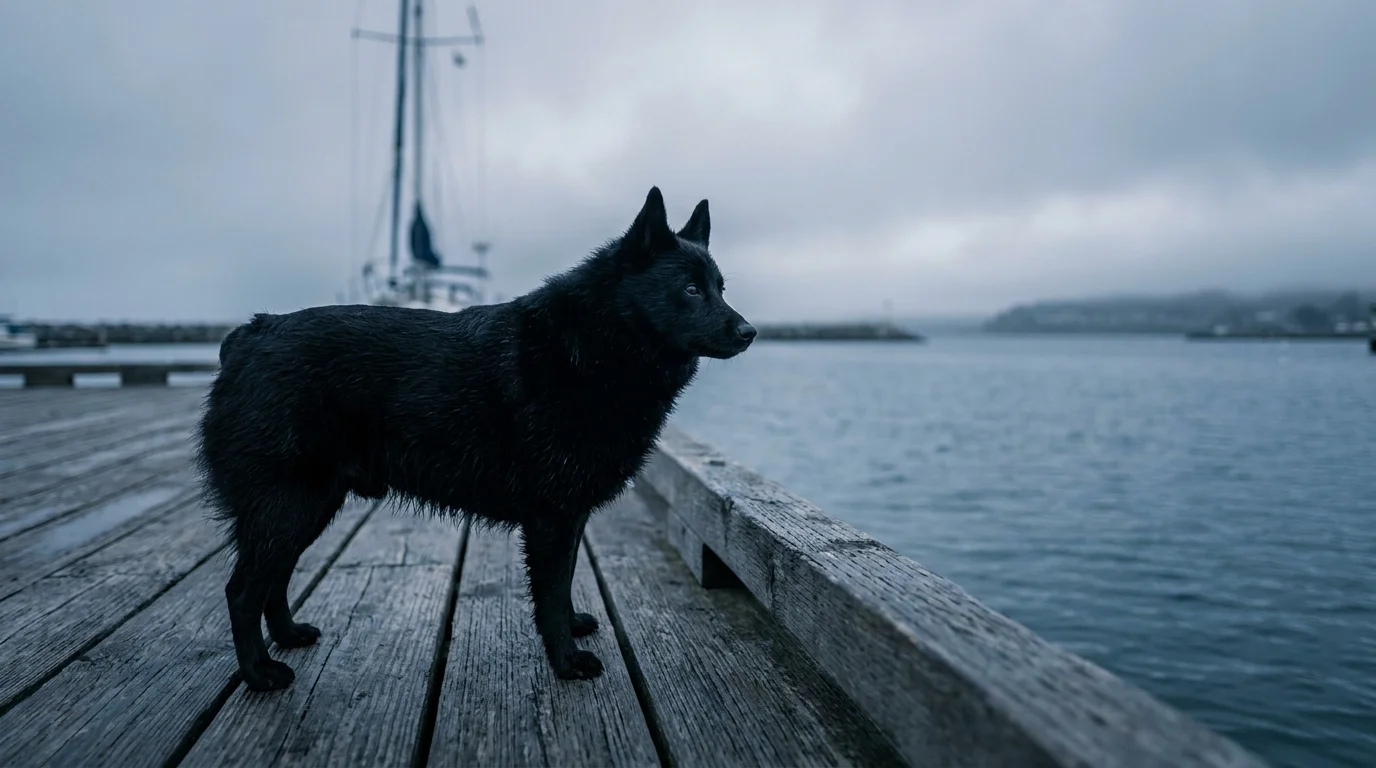 An alert black Schipperke stands on a wooden boat dock overlooking a misty harbor.