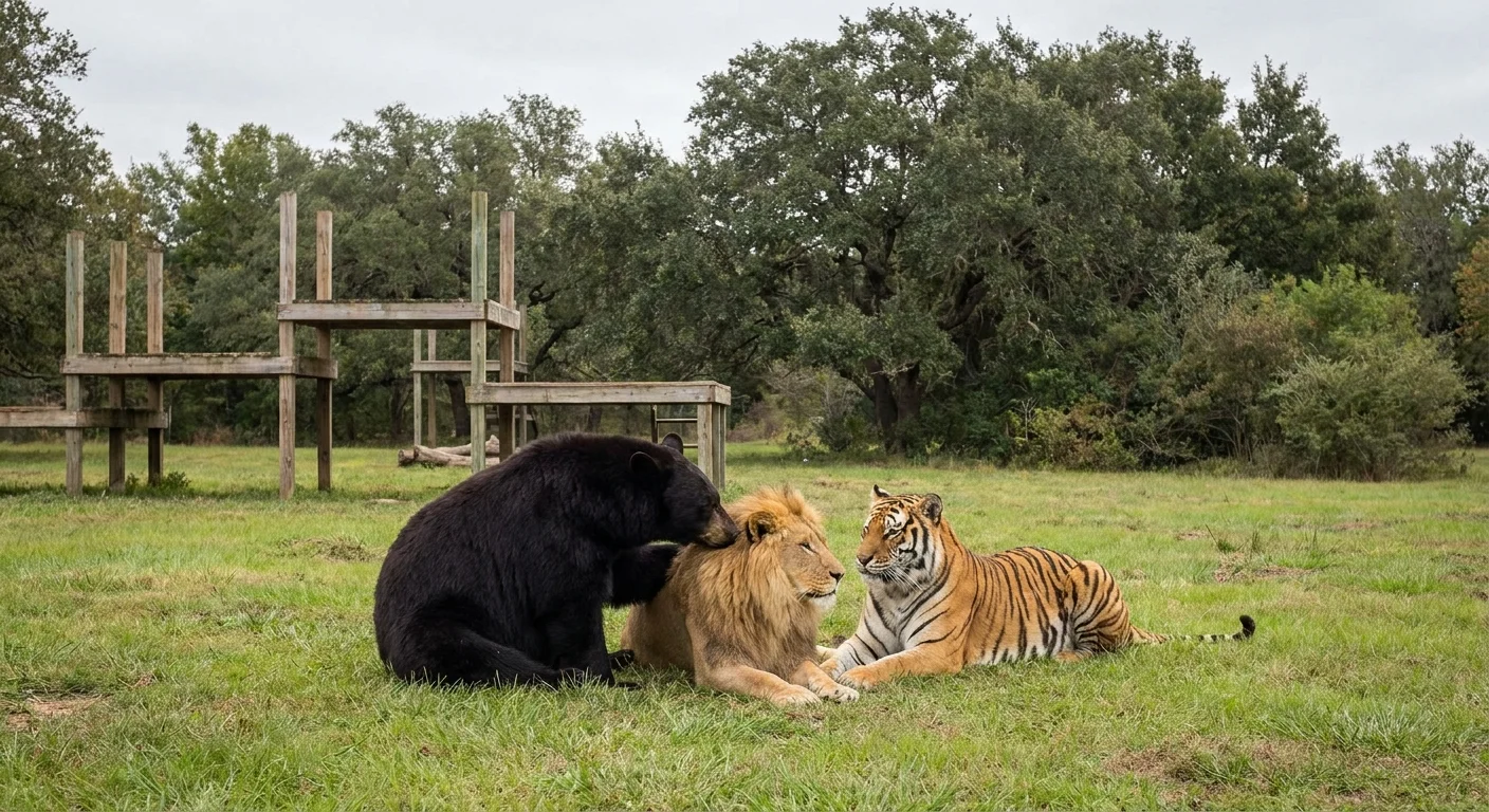 An American black bear, an African lion, and a Bengal tiger lounging together in a large grassy enclosure.