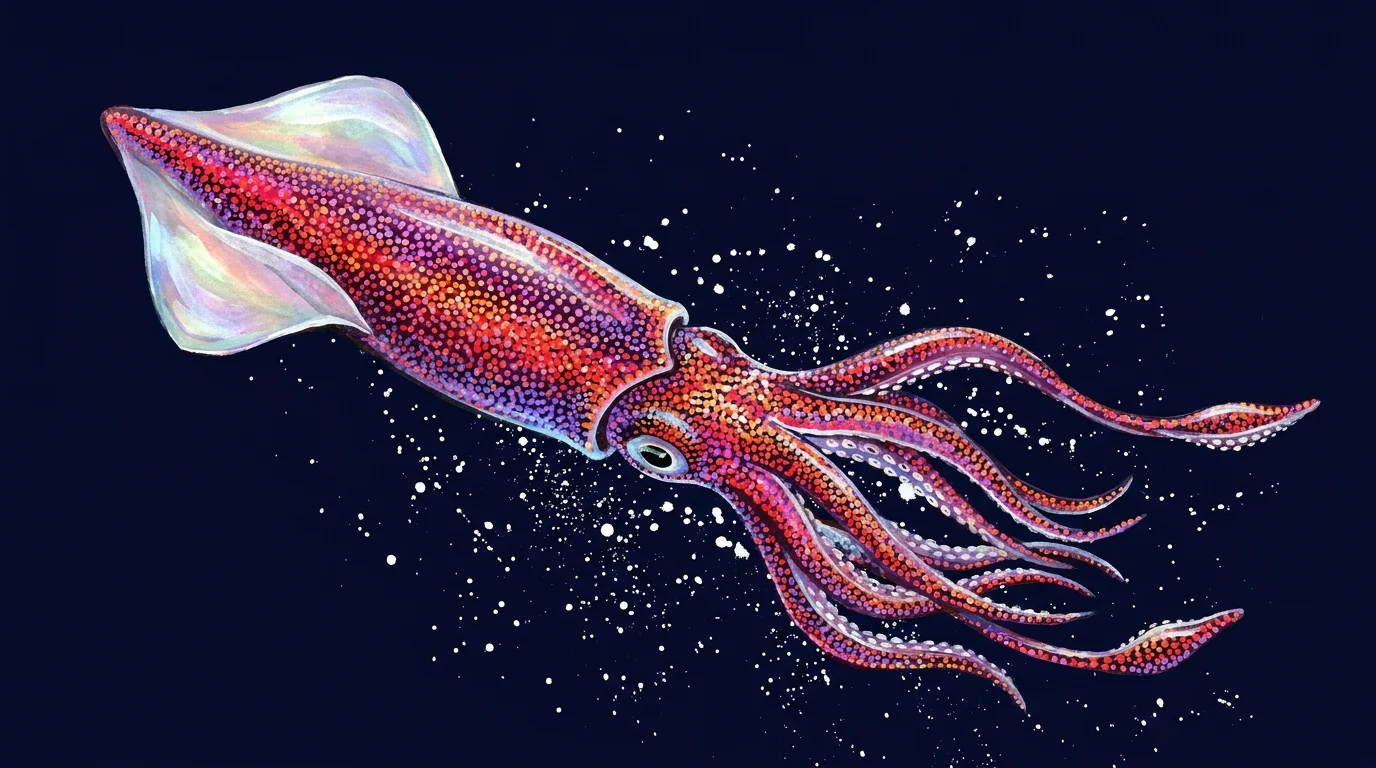 An artistic gouache illustration of a squid with glowing red and purple spots in deep blue water.