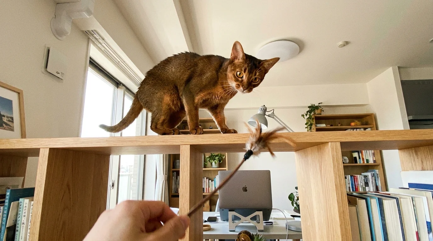 An athletic Abyssinian cat perched on a high bookshelf, looking ready to play with a feather toy.