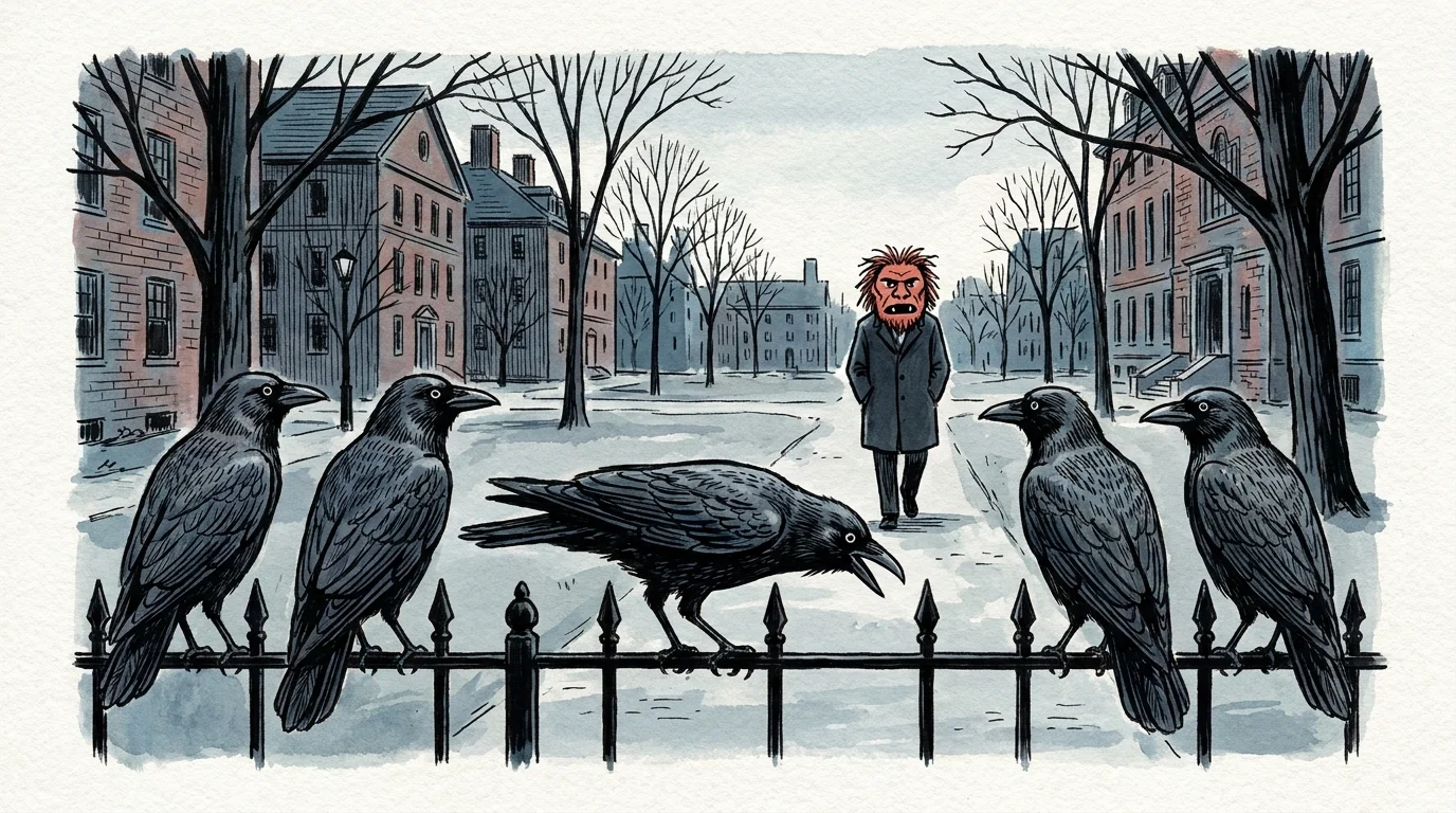 An editorial illustration of a group of crows watching a person wearing a specific mask on a college campus.