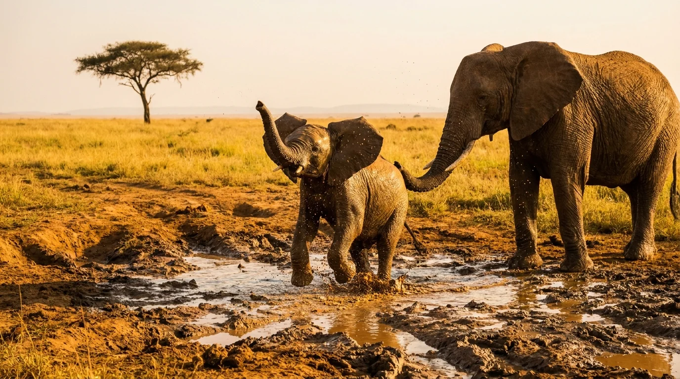 An elephant calf splashing joyfully in a muddy watering hole with its mother nearby in the savanna.