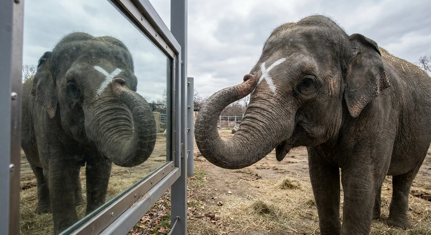 An elephant using its trunk to touch a white cross painted on its forehead while looking in a mirror.