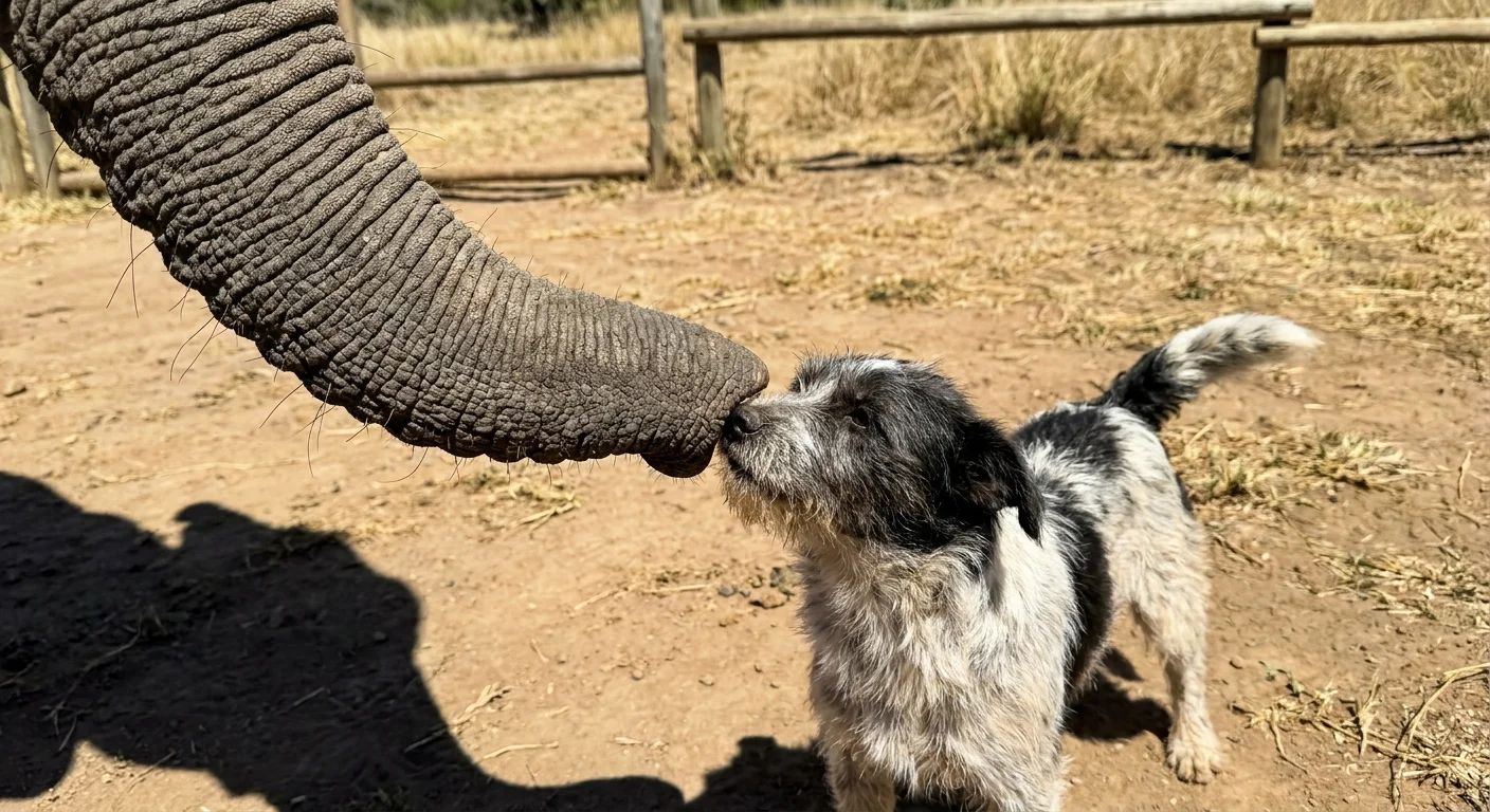 An elephant's trunk gently touching the nose of a small black-and-white dog on a sunny field.