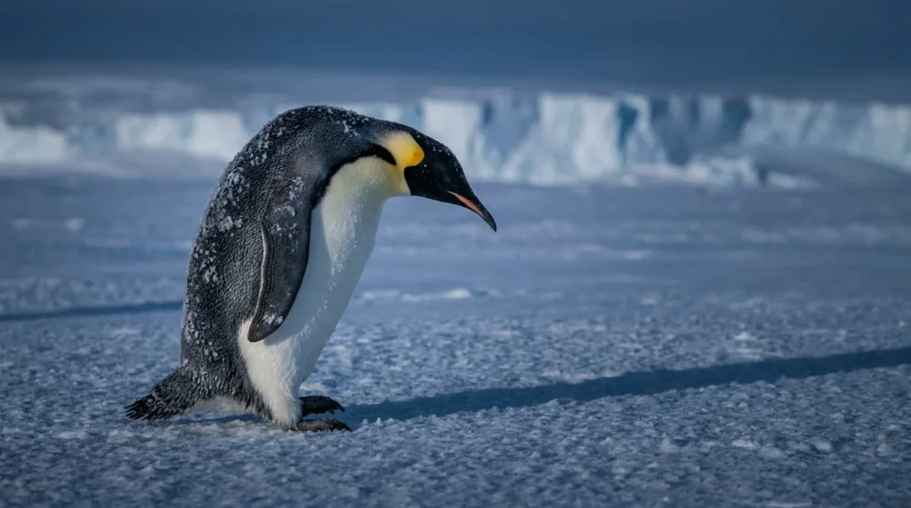 An Emperor Penguin standing resiliently against a cold Antarctic blizzard with wind-blown snow and a soft blue twilight background.