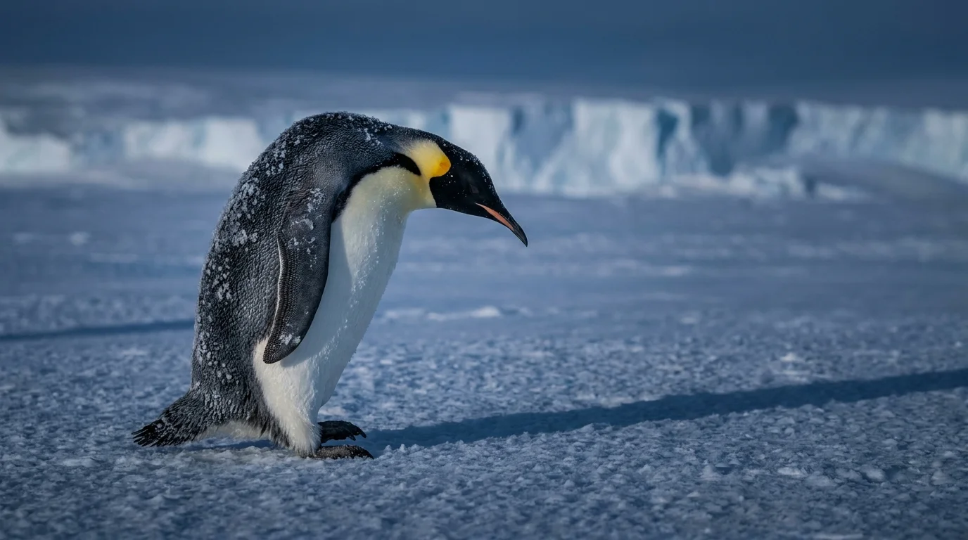 An Emperor Penguin standing resiliently against a cold Antarctic blizzard with wind-blown snow and a soft blue twilight background.