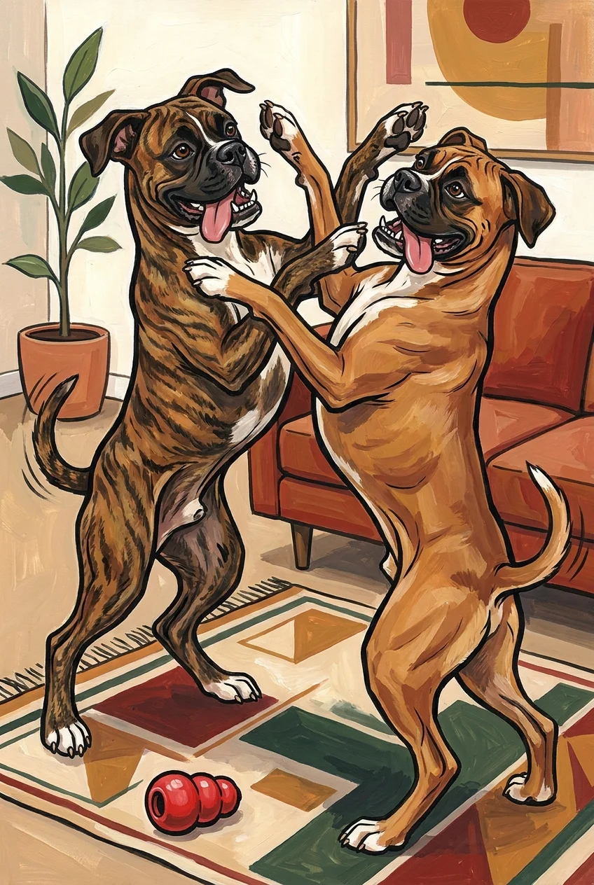 An energetic gouache illustration of two Boxer dogs standing on their hind legs and playfully wrestling.