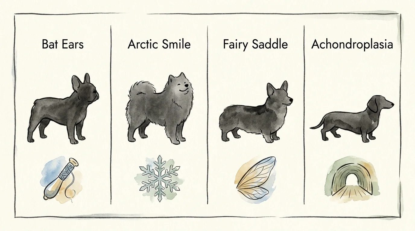 An illustrated chart comparing traits of the Frenchie, Samoyed, Corgi, and Dachshund.