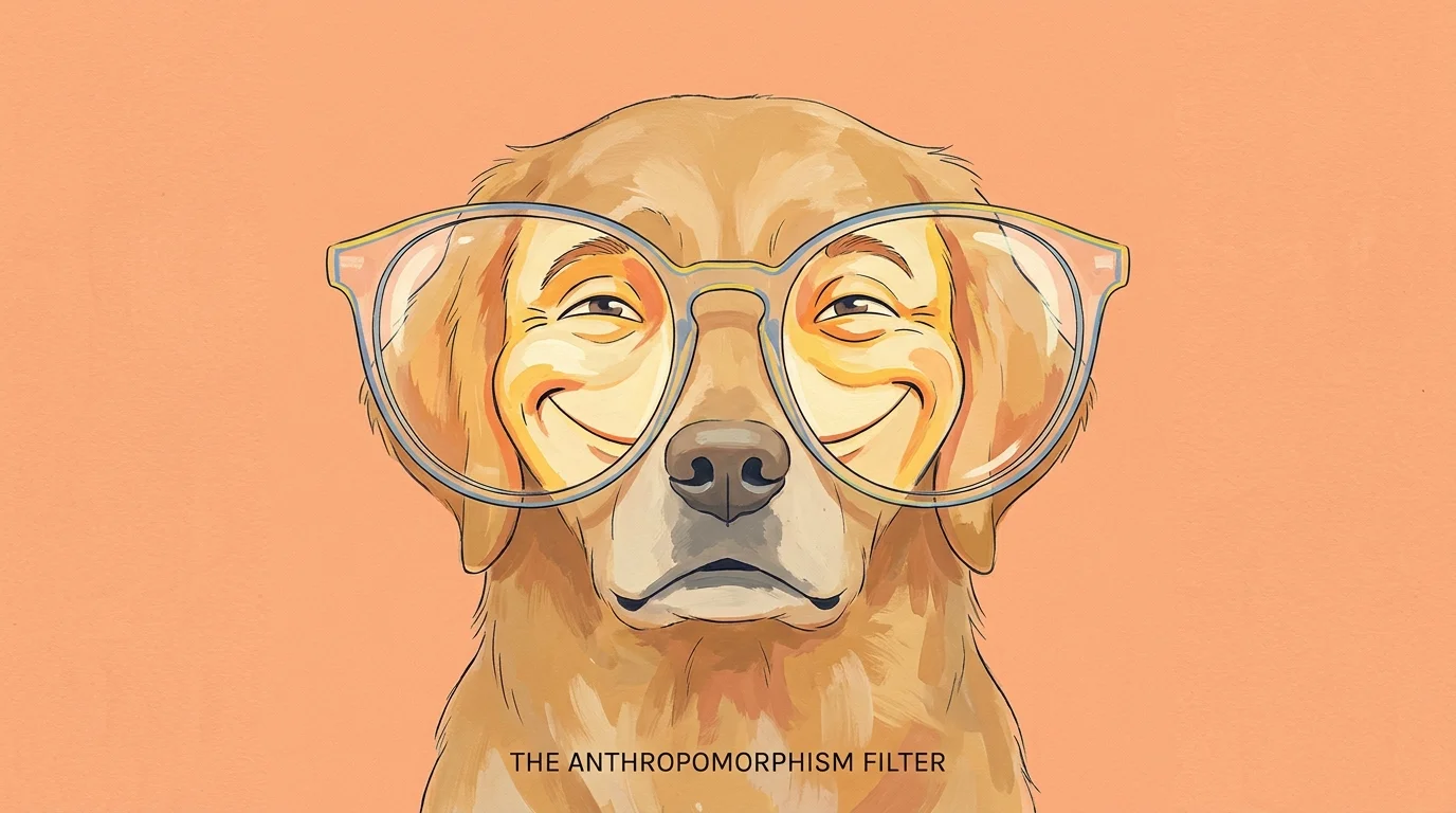 An illustration of a dog seen through 'human-tinted' glasses, showing how we project our emotions onto animals.