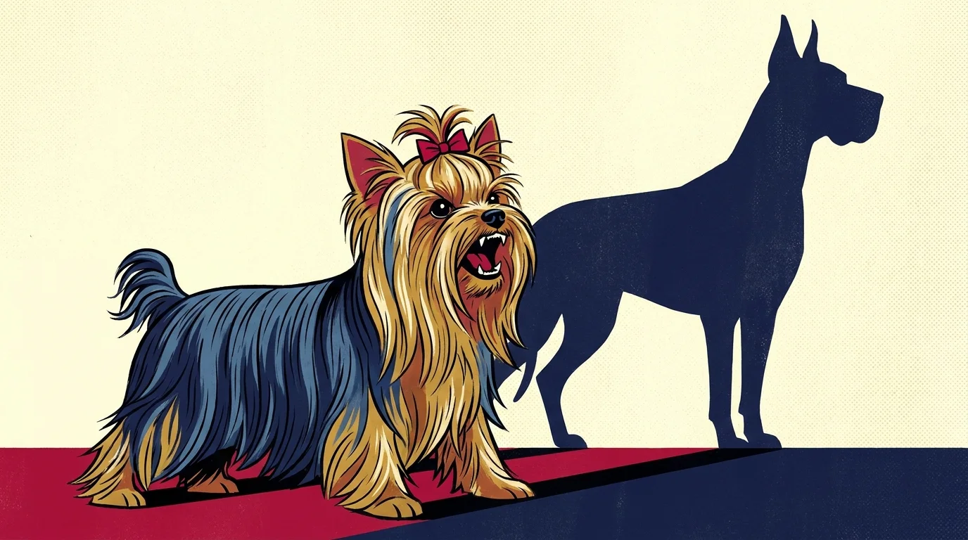 An illustration of a small Yorkie with a top-knot bravely barking at the shadow of a much larger dog.