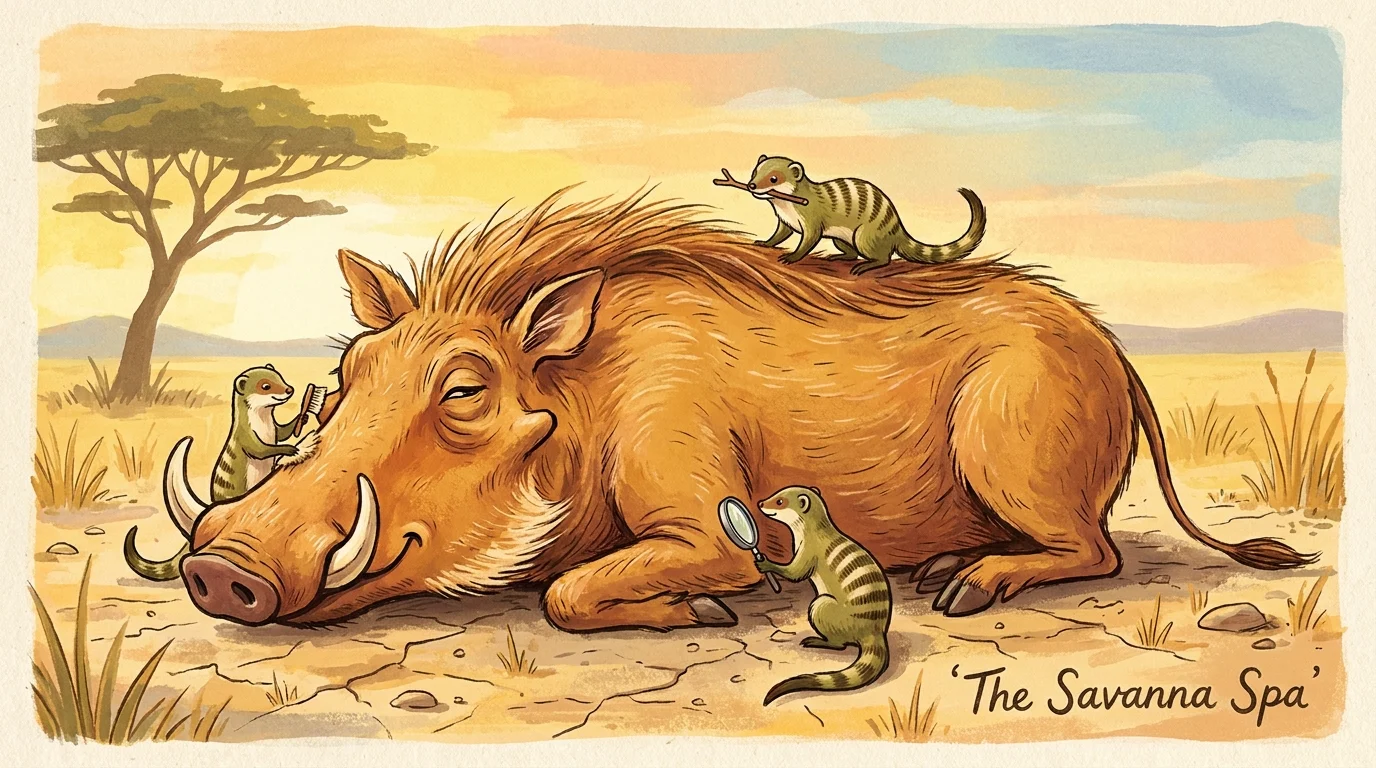 An illustration of a warthog lying down while a group of mongooses climb on it to eat ticks and parasites.