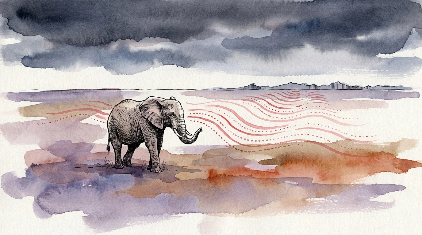 An illustration of an elephant on the savanna with ears spread, sensing low-frequency red infrasound waves coming from the distance.