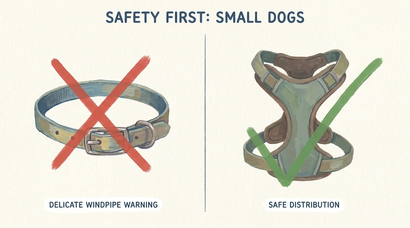 An illustration showing a red 'X' over a dog collar and a green checkmark over a body harness.