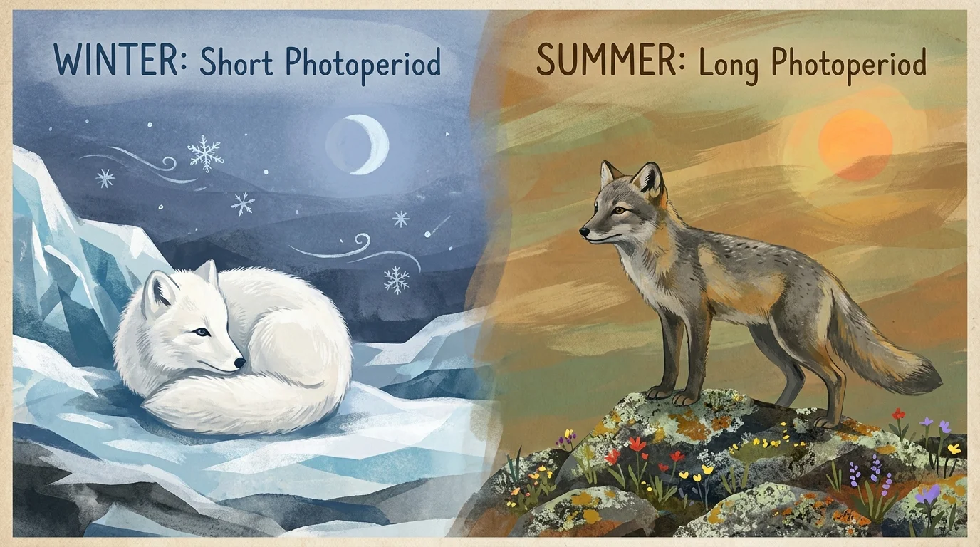 An illustration showing the Arctic Fox in its white winter coat on one side and its brown summer coat on the other.