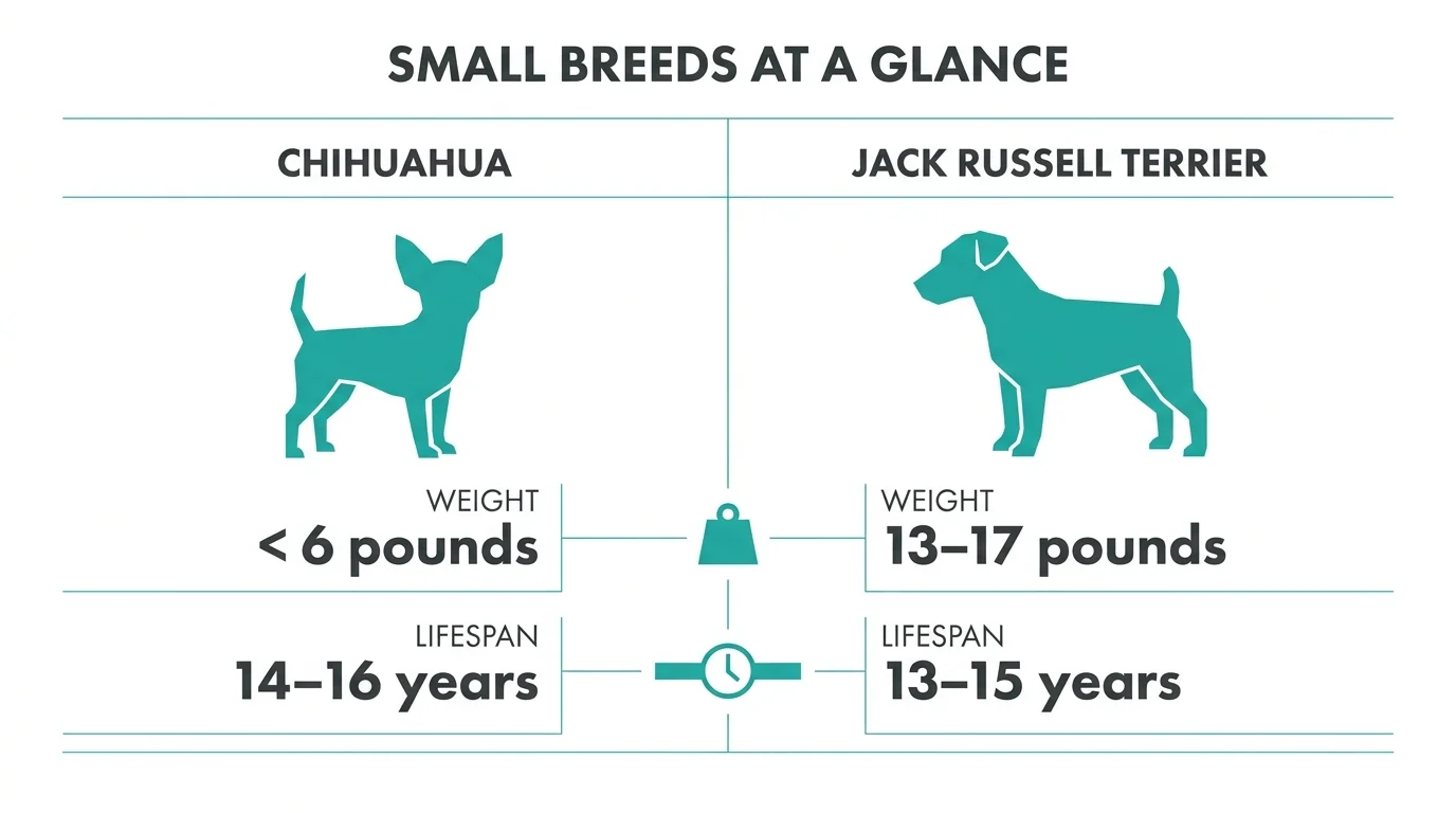 An infographic comparing the weight and lifespan of Chihuahuas and Jack Russell Terriers.