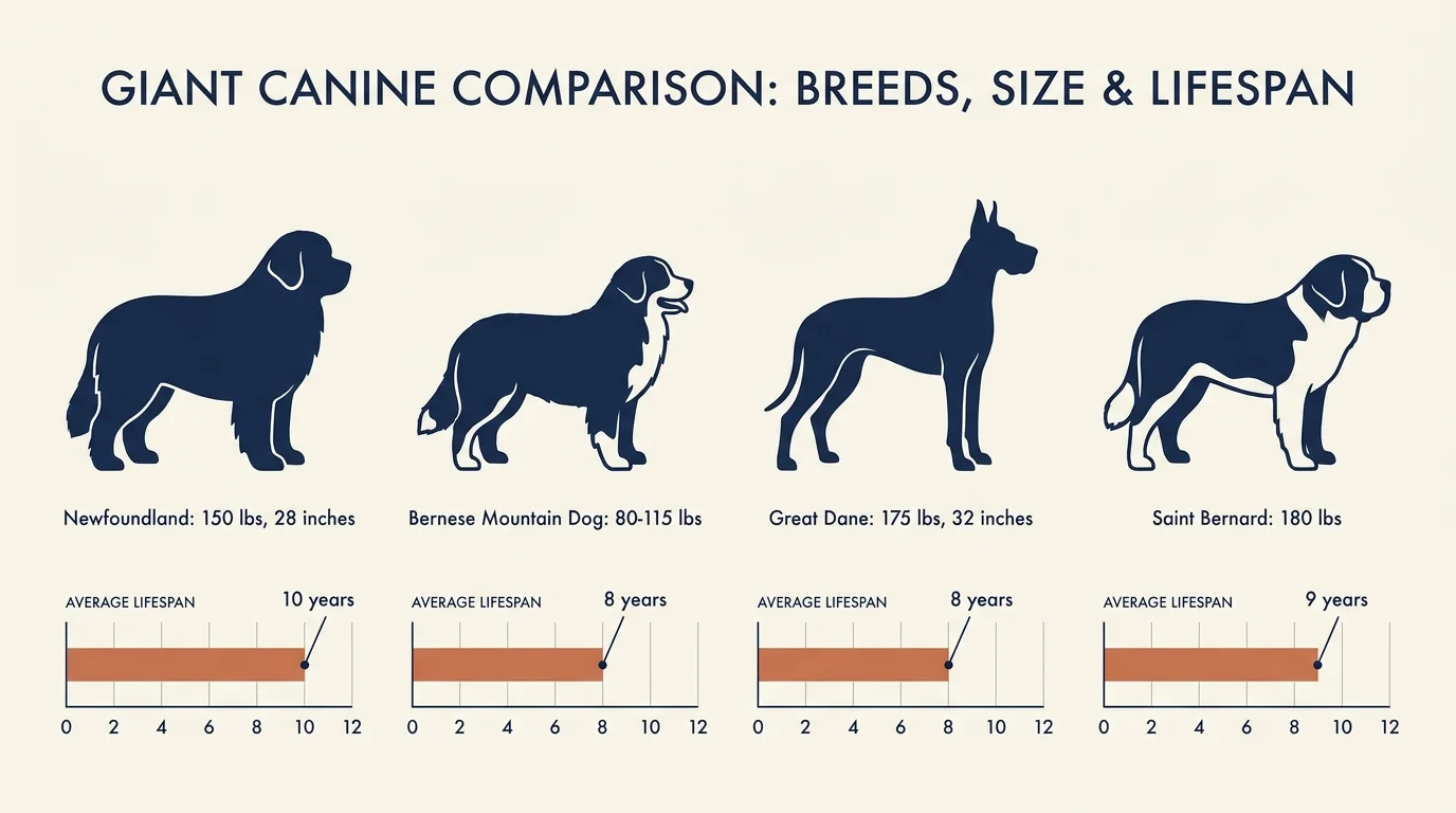 An infographic comparing the weights and heights of Newfoundlands, Bernese Mountain Dogs, Great Danes, and Saint Bernards.