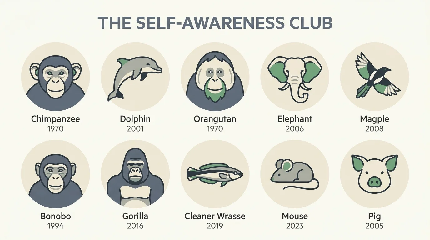 An infographic grid showing icons of all 10 animals that passed the mirror test.