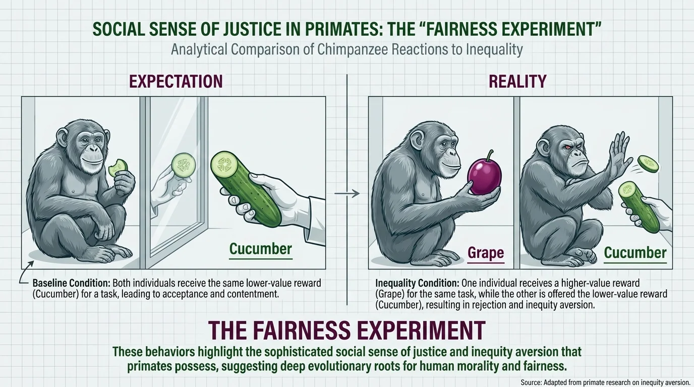 An infographic showing a chimpanzee's reaction to receiving a cucumber when its neighbor receives a grape.