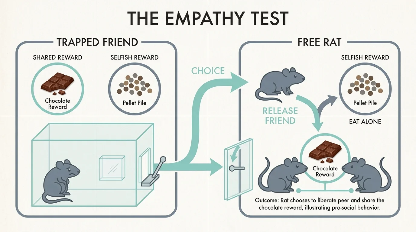 An infographic showing a rat experiment where one rat chooses to help a trapped friend share a piece of chocolate.