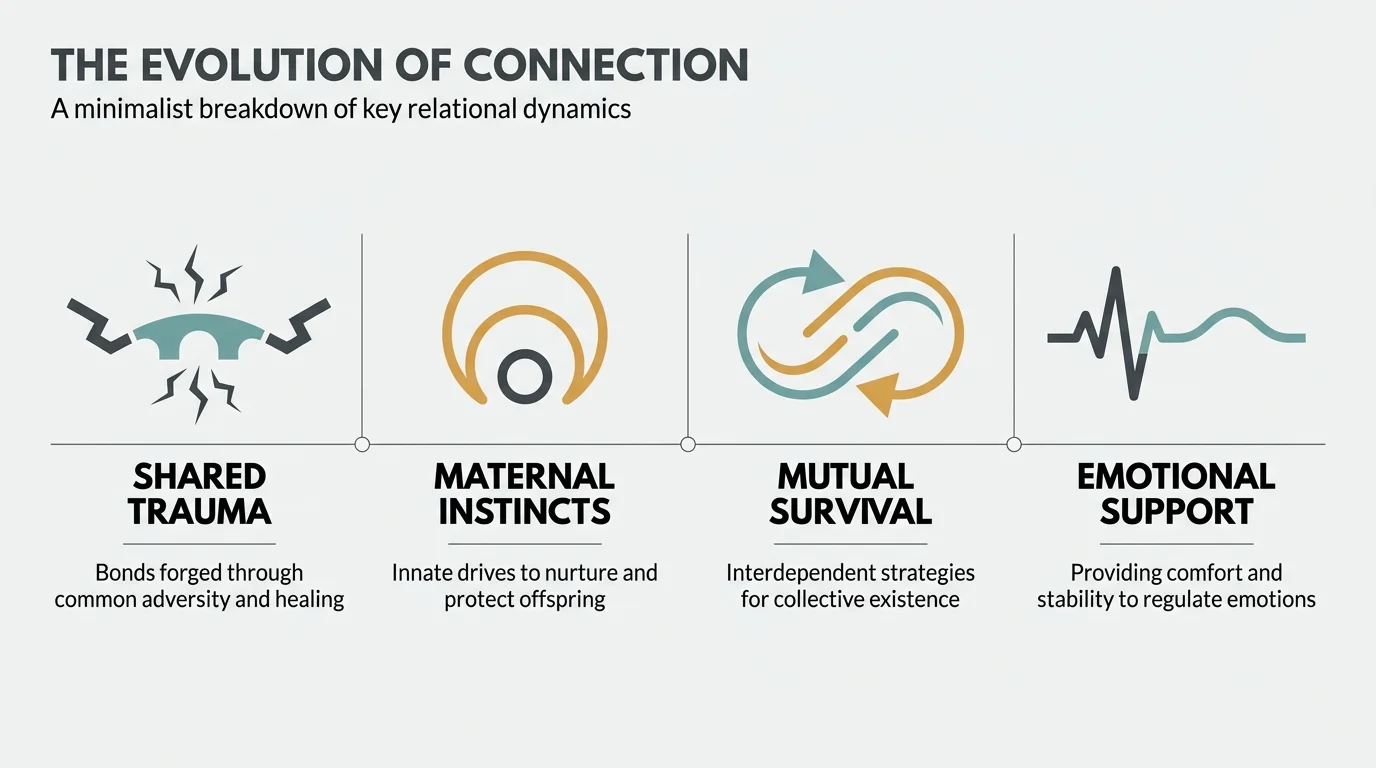 An infographic showing four reasons for animal bonds: Shared Trauma, Maternal Instincts, Mutual Survival, and Emotional Support.