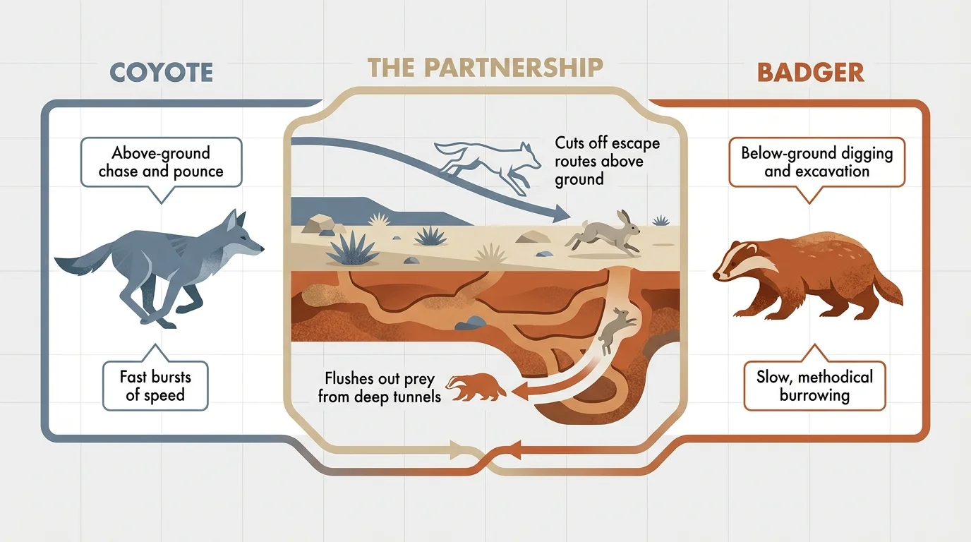 An infographic showing how coyotes and badgers hunt together, with labels describing their different roles and skills.