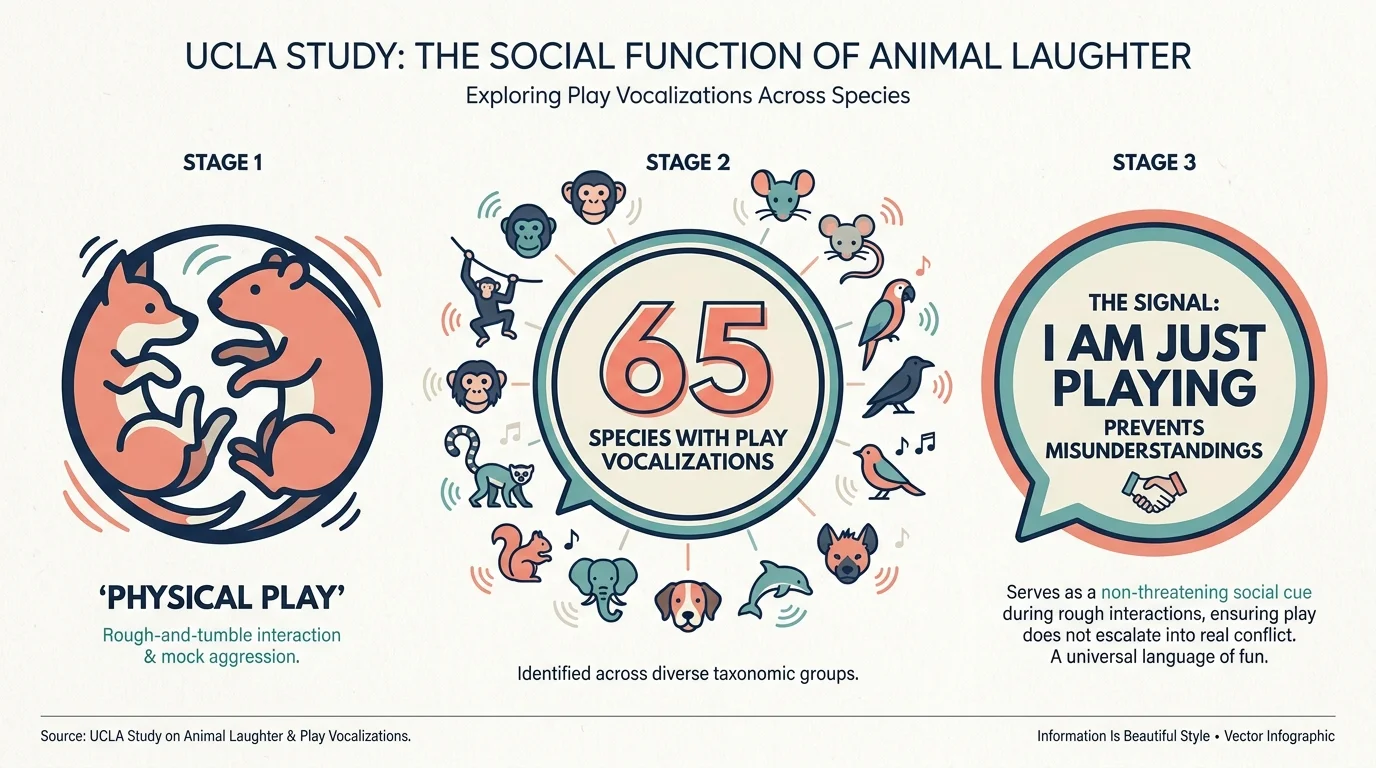 An infographic showing that 65 species use laughter-like sounds to signal friendly intent during rough play.