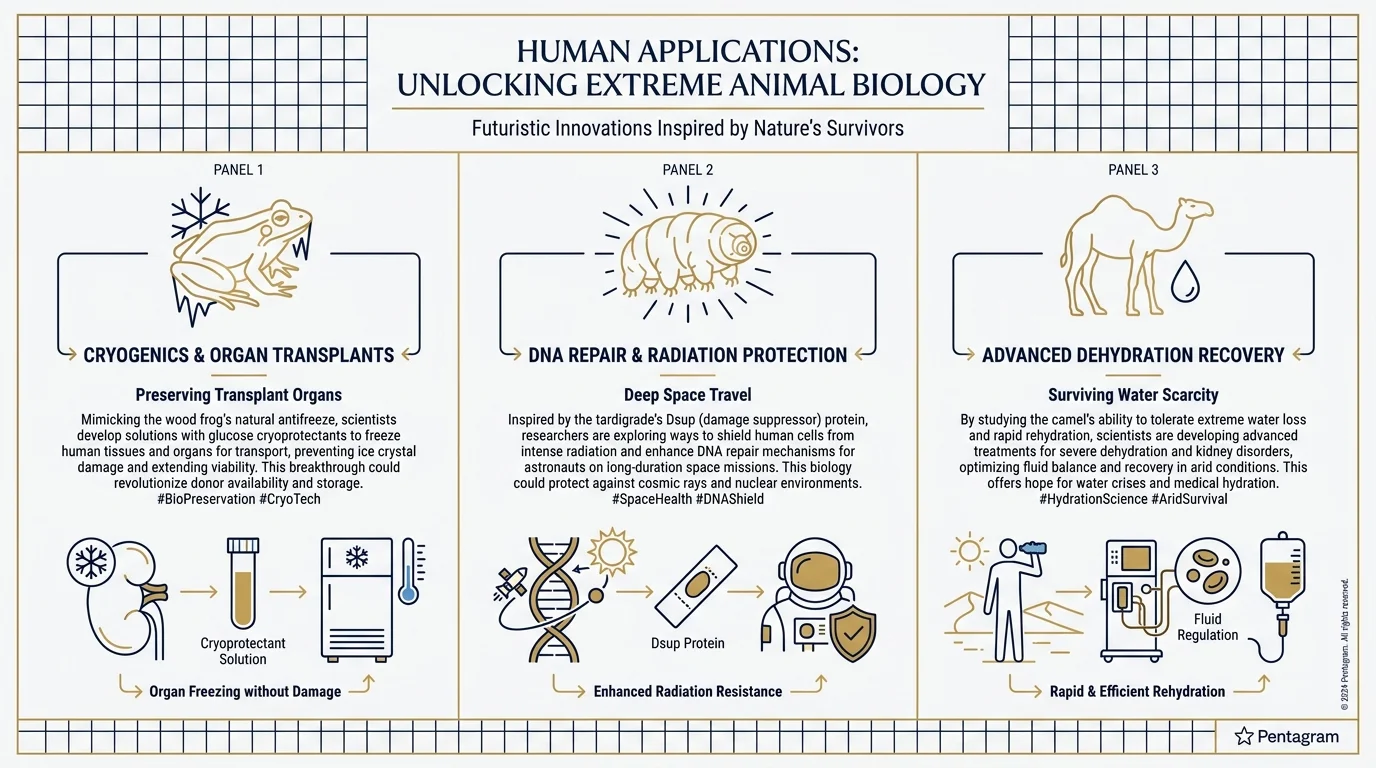 An infographic showing the connection between wood frogs, tardigrades, and camels to human medical and space research.