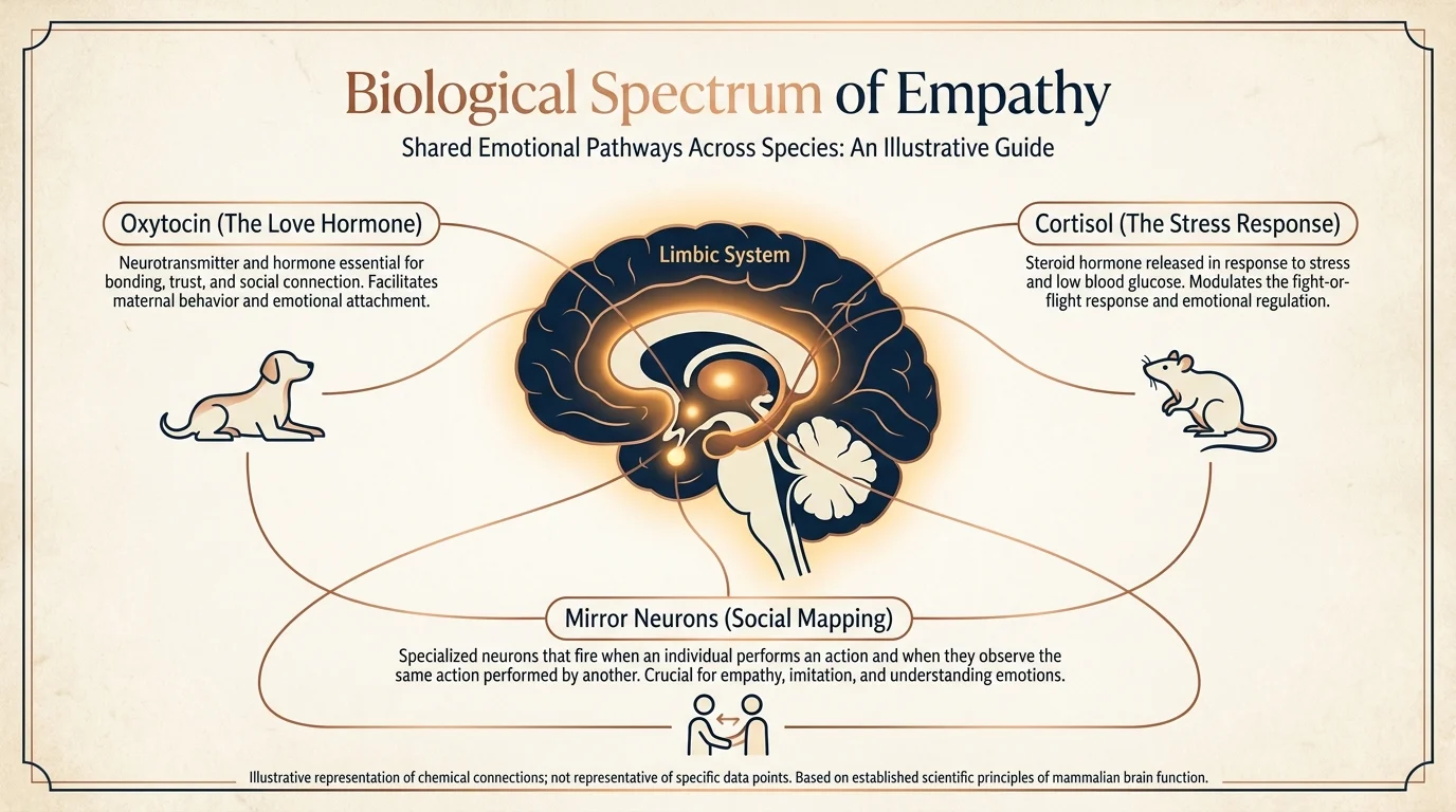 An infographic showing the shared biological pathways of emotion, like oxytocin and mirror neurons, in various animals.