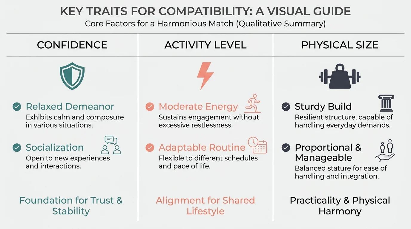 An infographic showing the three main traits for cat-dog compatibility: confidence, activity, and size.