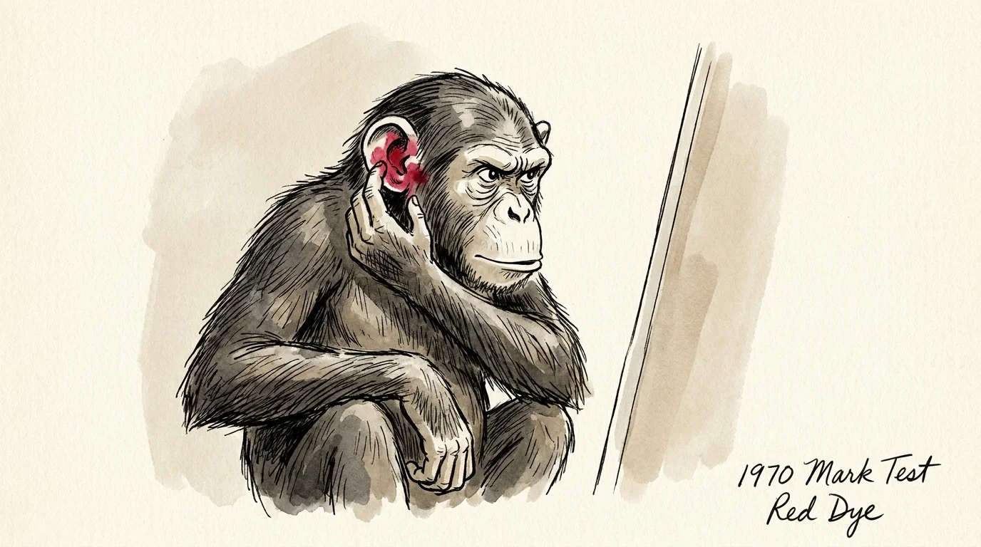 An ink and watercolor drawing of a chimpanzee touching a red mark on its ear.