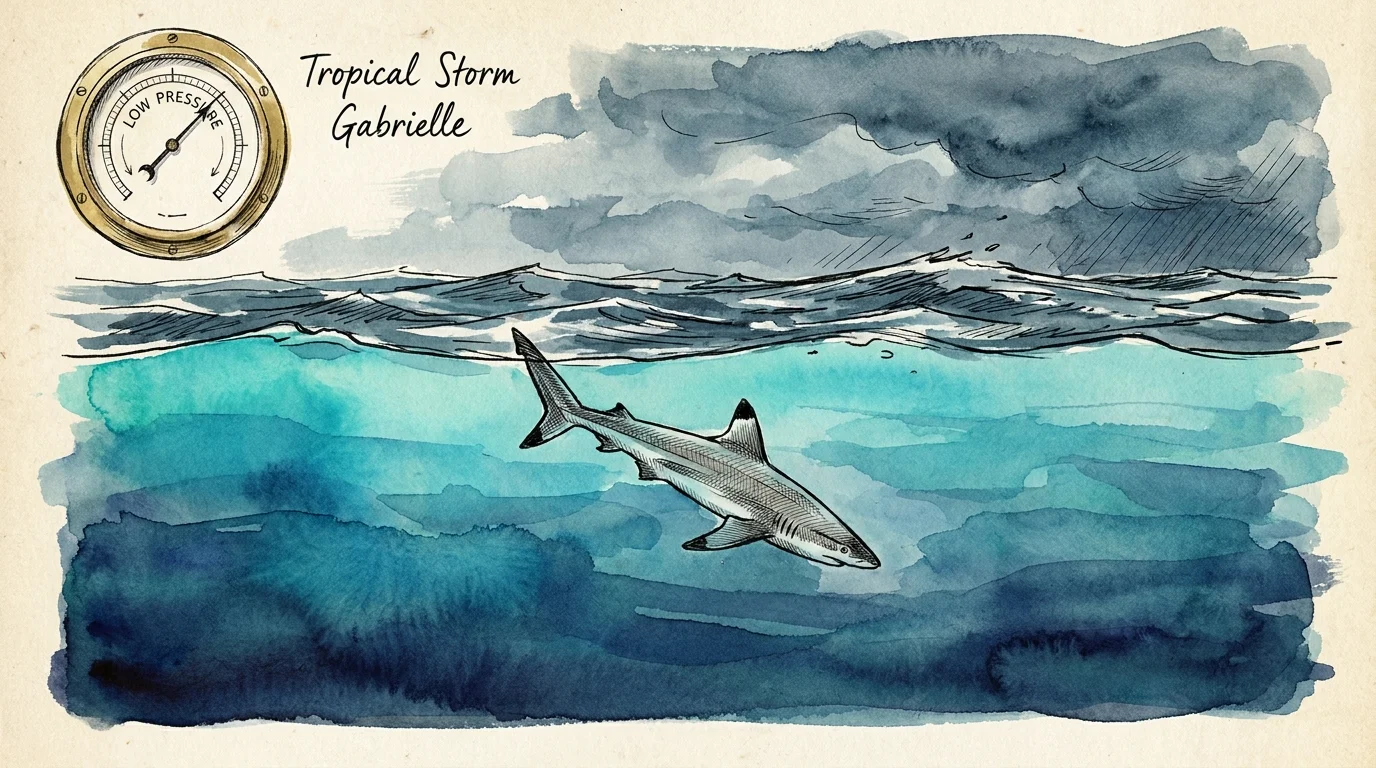 An ink and watercolor drawing of a shark diving deep into dark water as a barometric gauge shows dropping pressure from a storm.