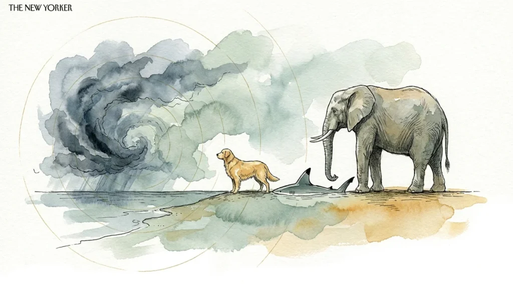 An ink and watercolor illustration of a dog, shark, and elephant sensing an approaching storm through invisible golden energy ripples.