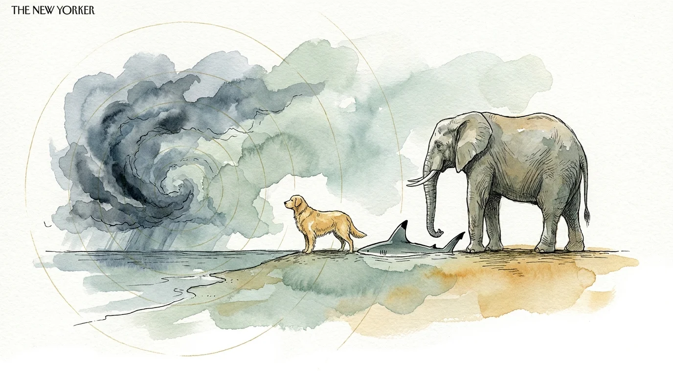 An ink and watercolor illustration of a dog, shark, and elephant sensing an approaching storm through invisible golden energy ripples.