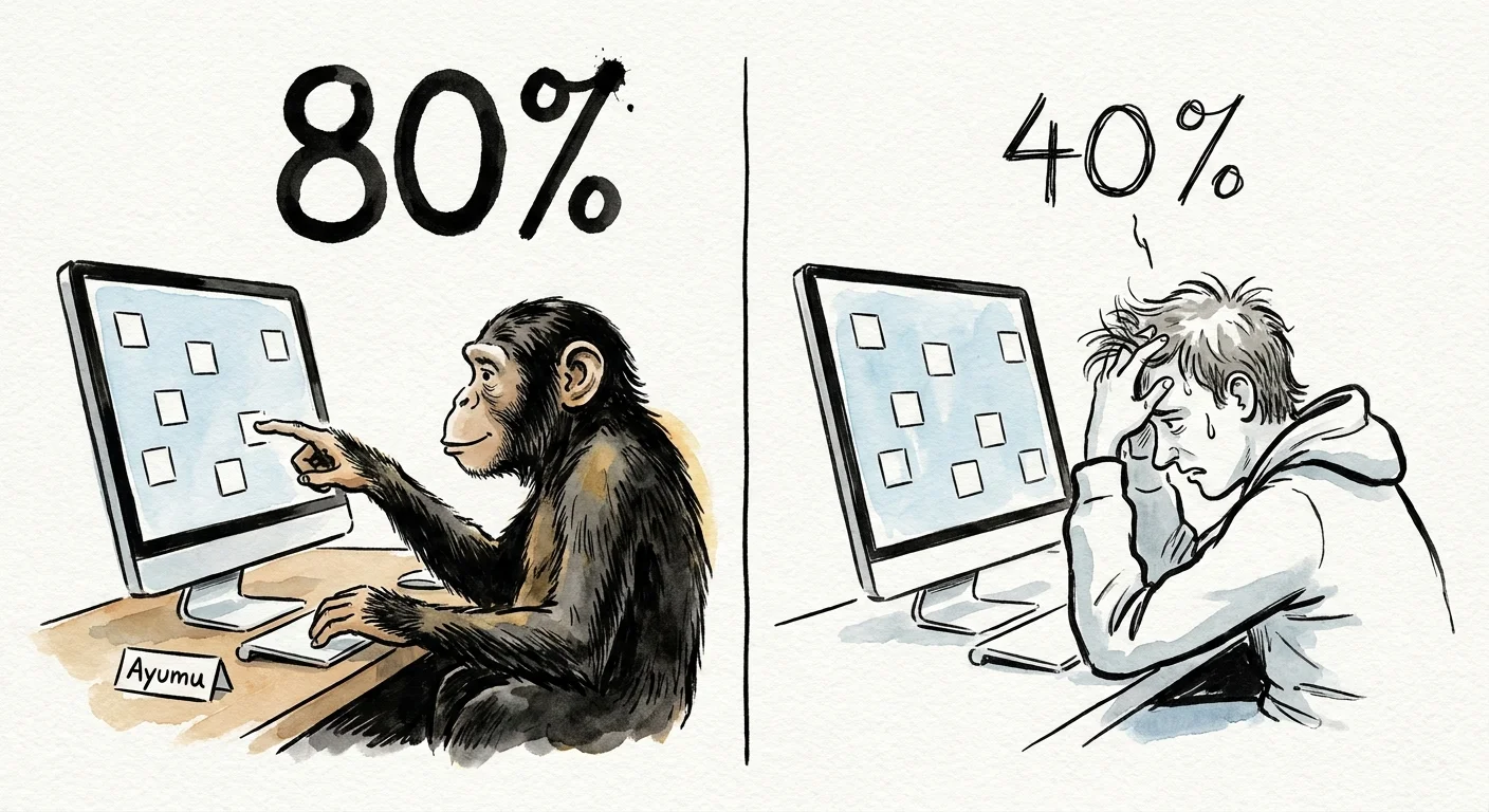An ink and watercolor illustration showing a chimpanzee outperforming a college student in a number recall test.