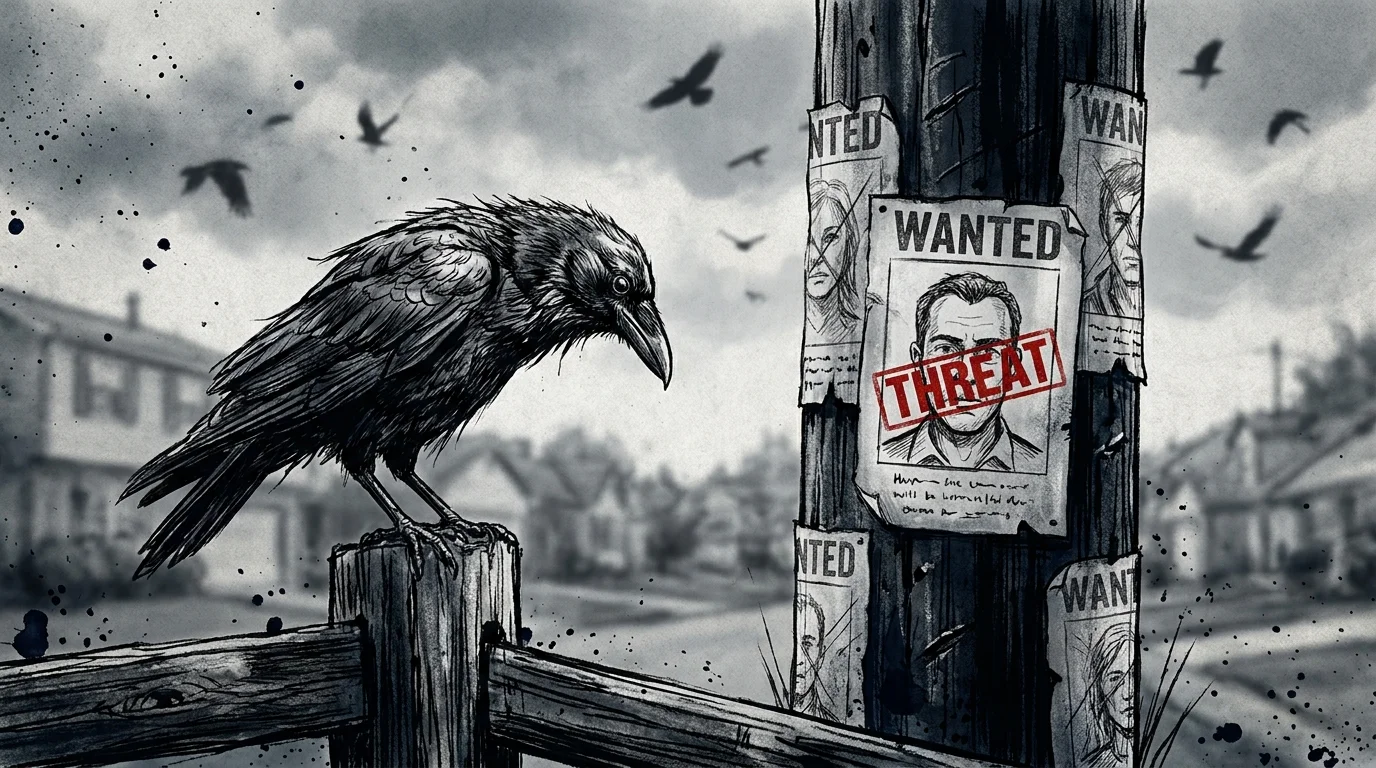 An ink sketch of a crow looking at a 'threat profile' poster of a human face, representing social learning.