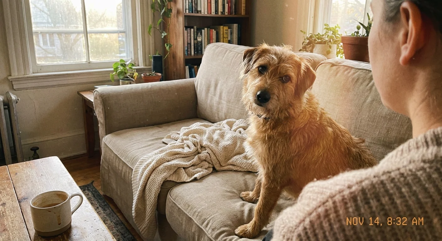 An intimate, eye-level photo of a dog looking lovingly at its owner in a sunlit home setting.