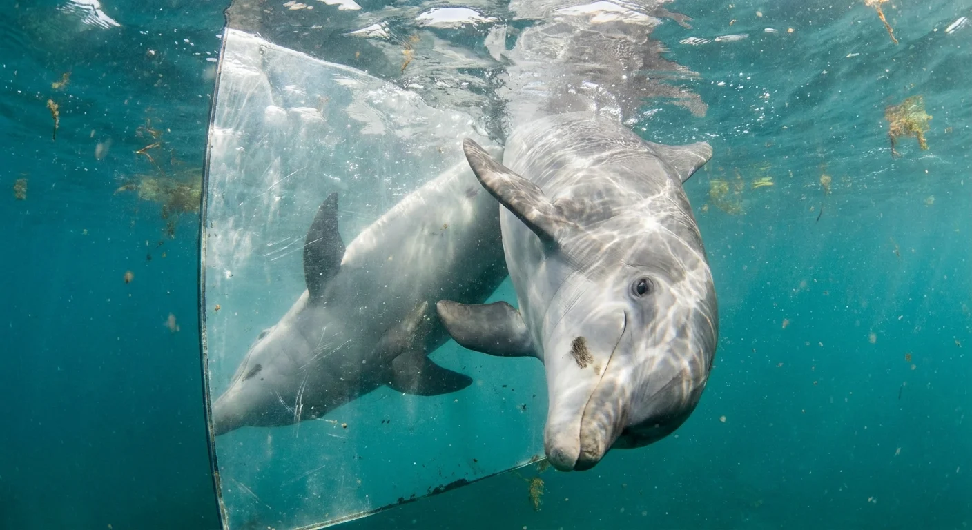 An underwater photo of a dolphin tilting its body to look at a mark on its skin in a mirror.