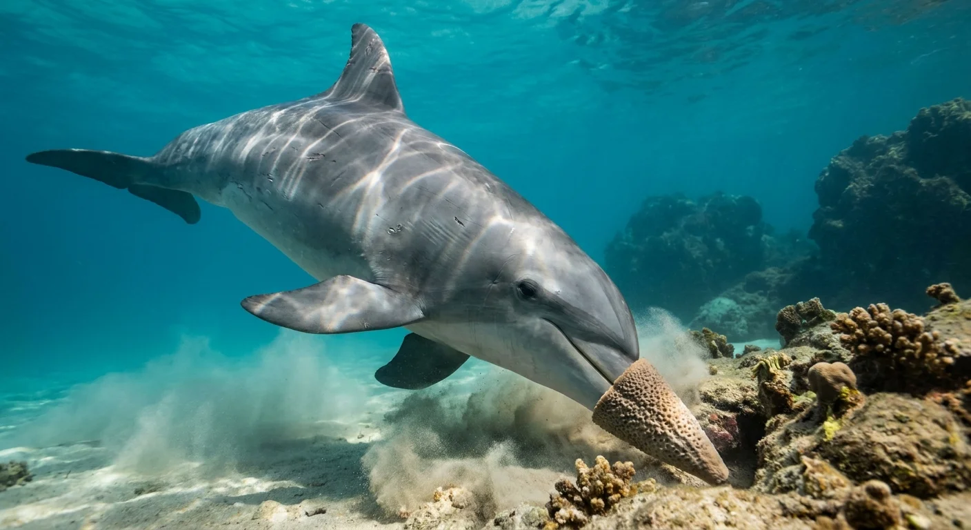 An underwater photo of a dolphin wearing a sea sponge on its nose to protect itself while foraging on the ocean floor.