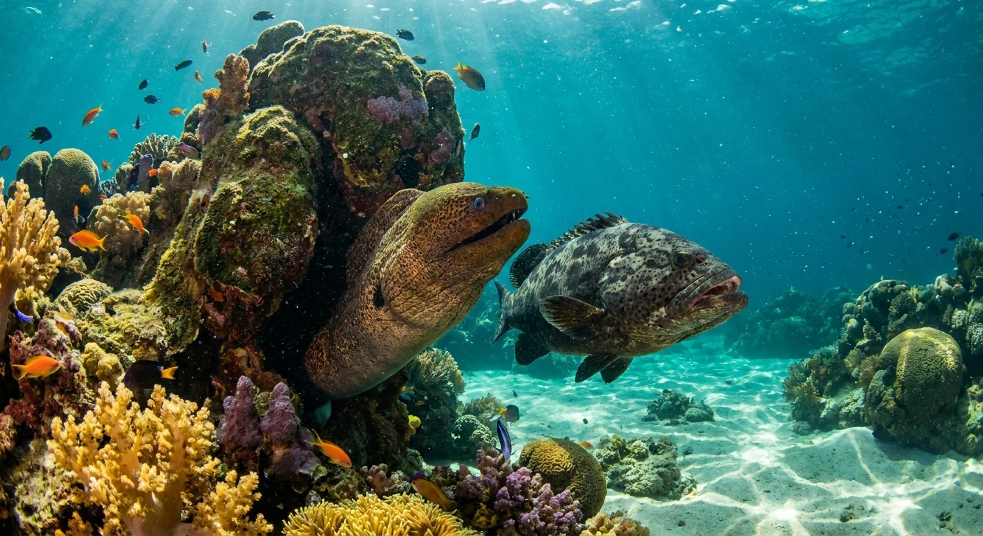 An underwater photo of a moray eel and a grouper fish swimming together over a coral reef in a coordinated hunt.