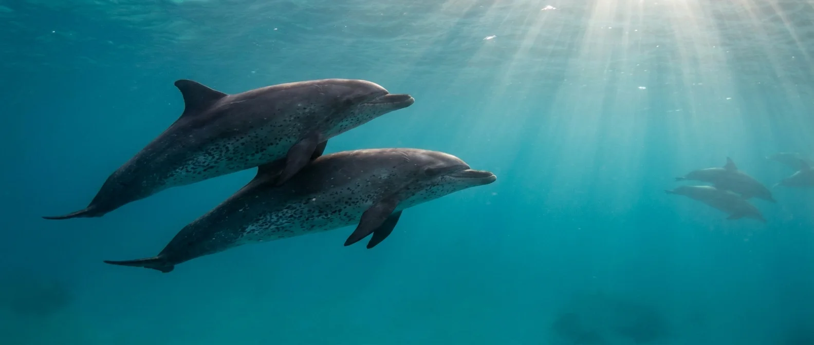 An underwater photo of two dolphins swimming closely together in a synchronized, supportive manner.